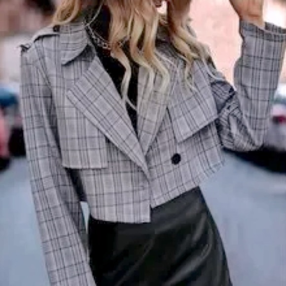 Plaid Gray, Black and White Women's Cropped Jacket (The Seek) - Picture 1 of 11